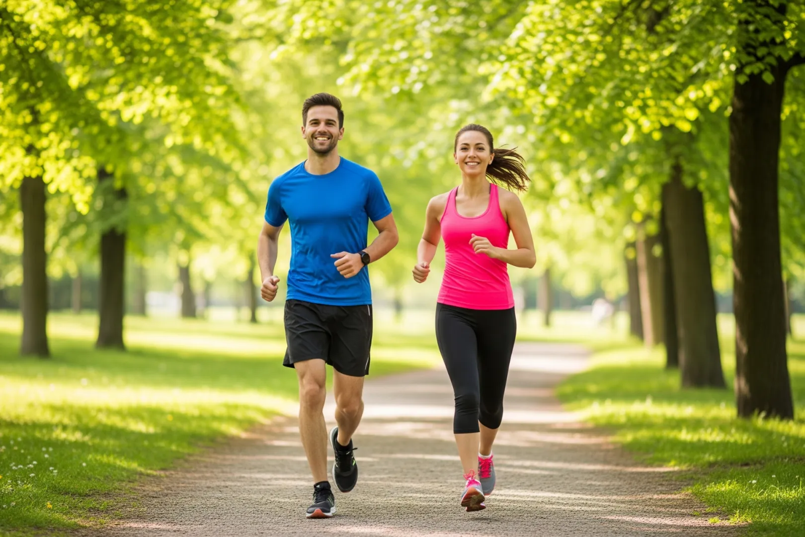 A man and woman jogging in the park on a sunny day.